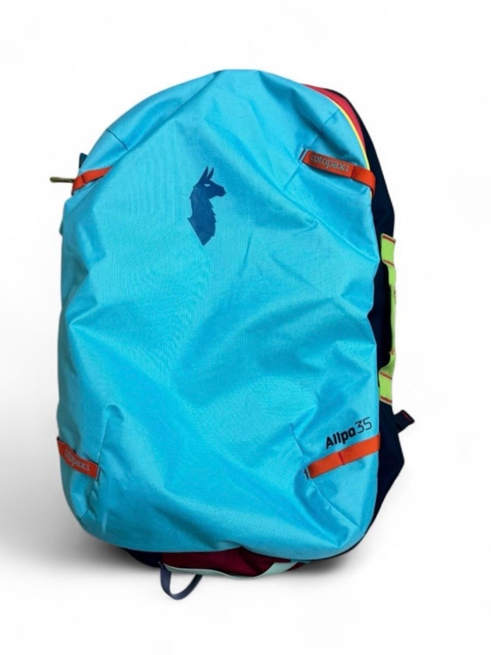 cotopaxi Turquoise Blue Allpa 35L Travel Backpack with Orange Accents